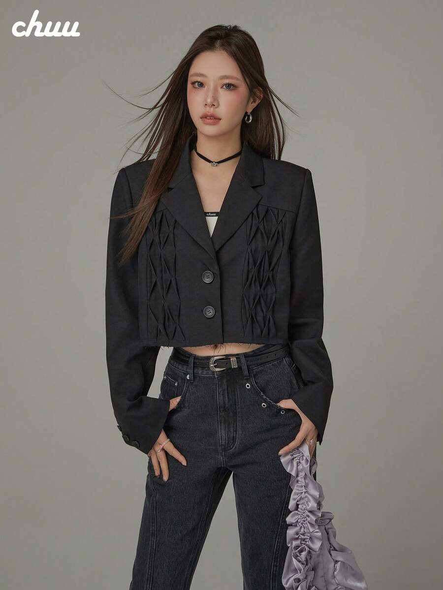 CHUU Wrinkled Long Sleeve Blazer Women's Autumn Black Casual Suit Loose Raw Edge Short Jacket - Black - View 1