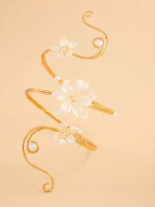 1pc Handmade Wrapped Flower Pearl Arm Cuff, Open Design, Vacation Style Dress Accessory - White - View 2