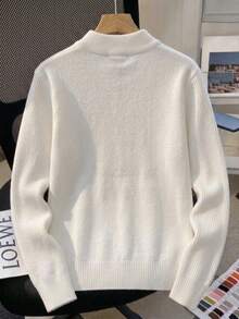 Boys' College Style Solid Color Argyle Pattern Stand Collar Half-Zip Knit Cardigan, Suitable For Casual Daily Wear In Spring, Autumn, Winter - White - View 4