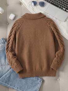 Boys' College Style Solid Khaki Cable Knit Cardigan Sweater With Turn-Down Collar And Raglan Sleeves, Suitable For School Daily Casual Wear In Spring, Autumn And Winter - Brown - View 5