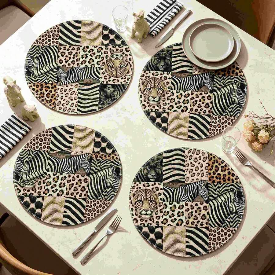 1/4/6pcs African Animal Patchwork Leopard & Zebra Hand-Painted Pattern Placemats, Suitable For Home Kitchen, Made Of Polyester Fiber, Kitchen Table Decoration And Party Scene Decoration - Multicolor - View 1