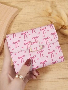Fashionable Women's Bow Printed Short Credit Card Storage Bag, Simple And Casual Multifunctional Card Holder, Three Fold Buckle Women's Wallet - Hot Pink - View 9