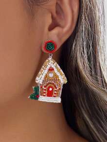 1 Pair Christmas Gingerbread House Handmade Beaded Dangle Earrings, Cute Holiday Party Jewelry For Women - Multicolor - View 3