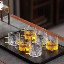 6pcs Premium Bark Texture Glass Cups, Small Handle Vintage Thick Kung Fu Tea Cups, Suitable For Home/Guest Use. Kung Fu Cup/Host Cup/Personal Cup/Tea Tasting Cup - Clear - View 1