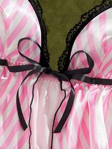 2pcs/Set Women's Contrast Striped Print Satin Pajamas, Thin Strap Split Tie Ruffle Lace Patchwork Camisole Loungewear - Pink - View 9