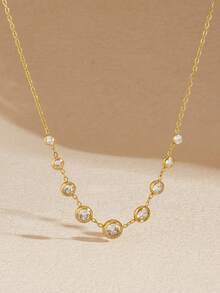 1 buah Kalung Minimalis Bertingkat dengan Kristal Bertatahkan Emas, Kalung Choker Melengkung Zirkonia Bulat, Kalung Halus untuk Pesta Sehari-hari - Emas - View 7