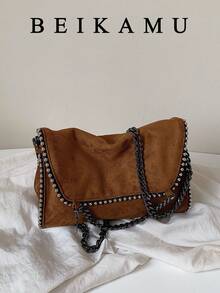 1pc New Fashion Flap Suede Bag, Rivet Chain Women's Shoulder Bag Crossbody Bag, Suitable For University, Commuting, Shopping, Street Shopping, Daily Use. - Brown - View 1