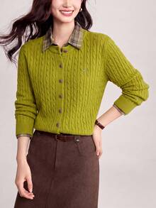 Women's Autumn Casual Minimalist Patchwork Woven Plaid 2 In 1 Cardigan Knit Sweater - Olive Green - View 2