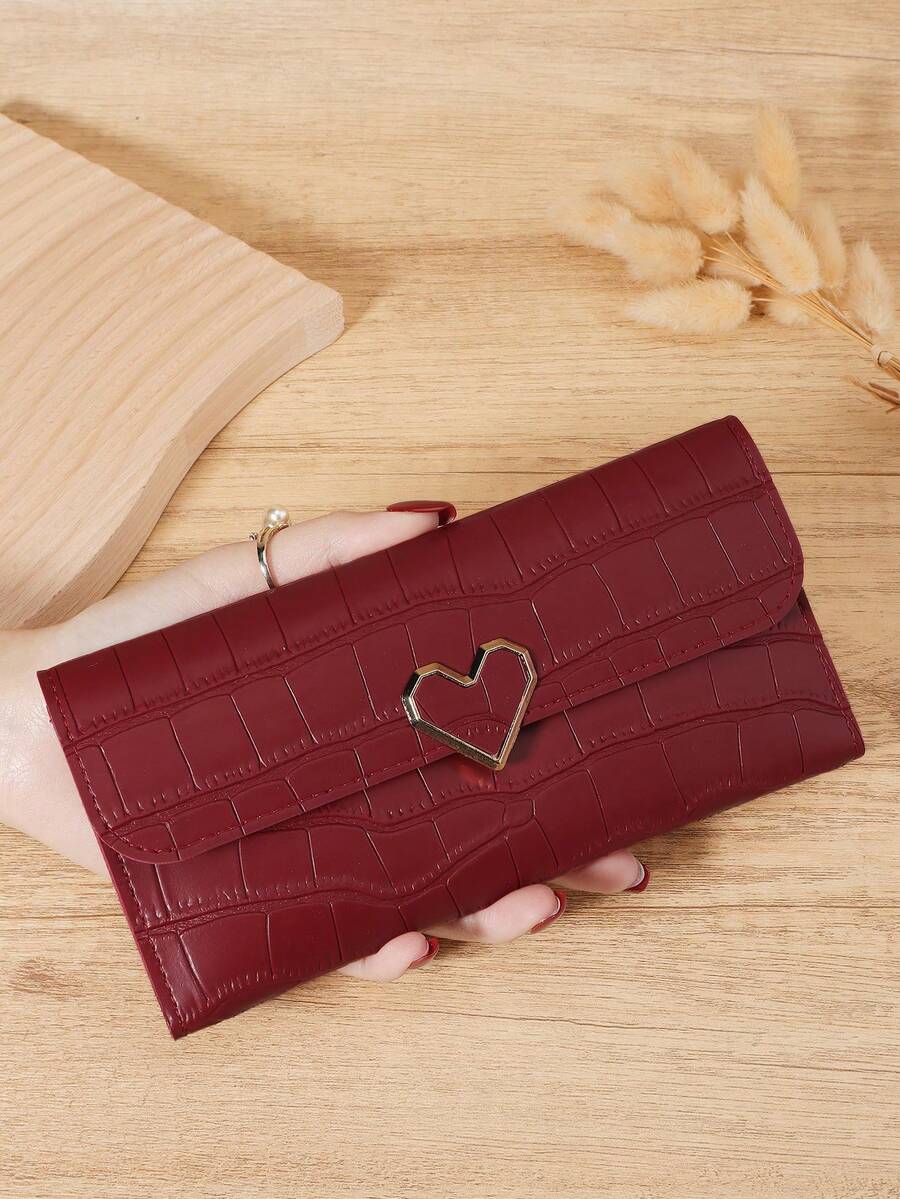 Fashionable Women's Stone Patterned Multifunctional Long Wallet, Metal Heart Decoration Three Fold Buckle Wallet, Very Suitable For Outdoor And Travel - Redwood - View 1