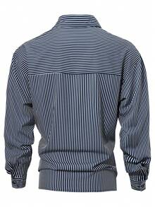 Vintage Navy Blue & White Vertical Striped Men's Shirt, Collared Drop Shoulder Loose Long Sleeve Button Up Top, Versatile Everyday Style - Navy Blue - View 4