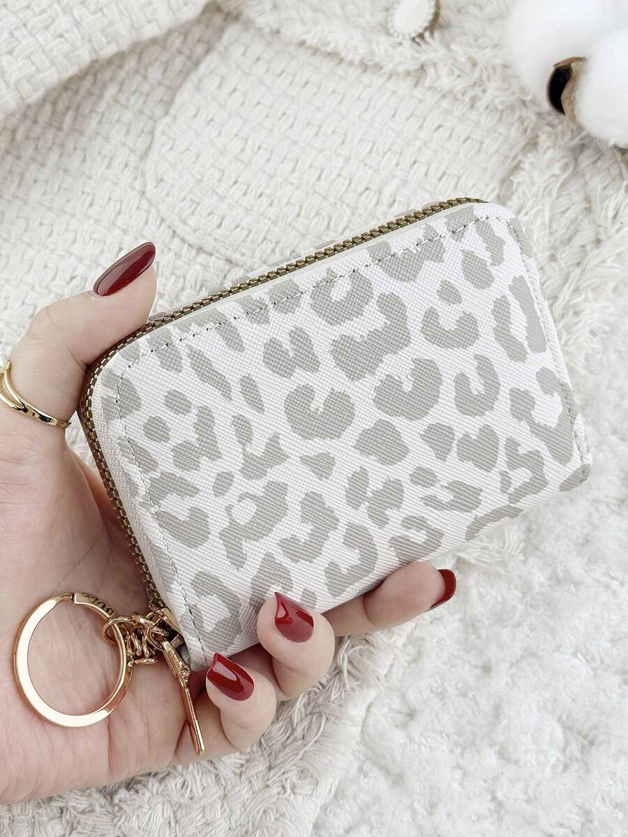 Fashionable Leopard Print Women's Short Wallet, With A Chain Keychain Zipper, Multifunctional Credit Card Holder, Multi Slot Credit Card Storage Bag
