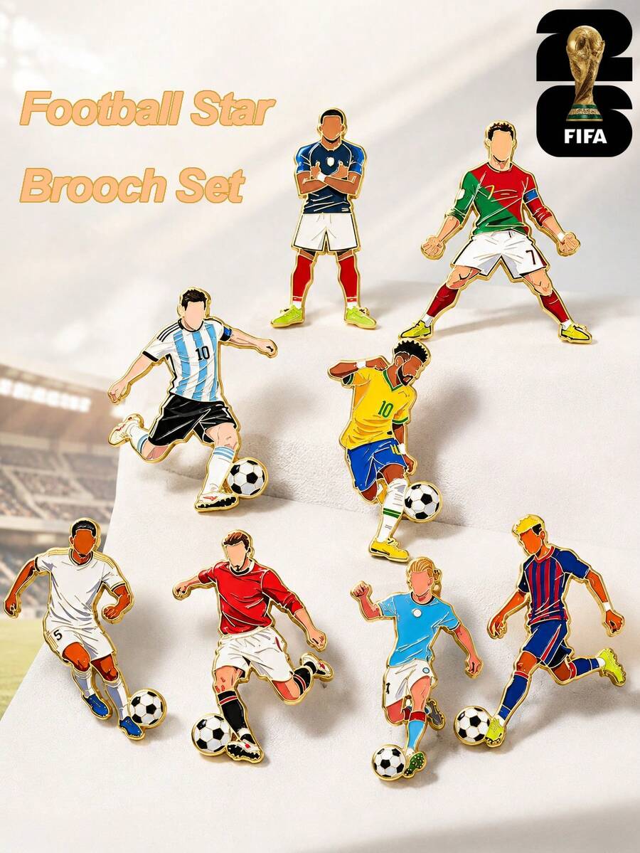 FIFA 8/4/1pc Messi & Cristiano Ronaldo Football Player Enamel Pin Set, Soccer Brooch Metal Badges For Backpack, Jacket, Lapel, Clothing, Fan Gift - Multicolor - View 1