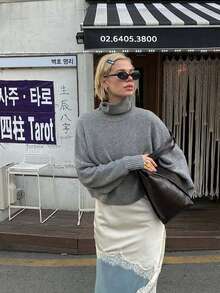 SEREN Women's New Minimalist Gray Turtleneck Knit Sweater, Versatile Long Sleeve Pullover For Autumn, Commuter Top For Daily Wear - Grey - View 5