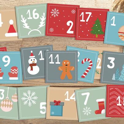 25 Christmas Countdown Cards Featuring Christmas Trees, Snowmen, Santa Hats, And Holiday Designs; 25-Day Christmas Countdown Cards; Advent Calendar Countdown Cards; Christmas Gifts.