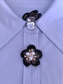 1件/2件裝 優雅布藝刺繡花卉鈕扣蓋，免縫襯衫鈕扣蓋，裝飾鈕扣，時尚水晶袖扣 - 黑色 - 查看 2