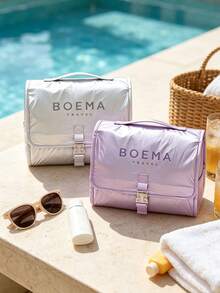 1PC Modern Minimalist Ins‑Style Nylon Rectangular Hanging Cosmetic Bag, Letter Print Buckle Closure, Hand‑Carry Hanging Multi‑Compartment Large‑Capacity Makeup Toiletry Organizer For Daily Home Use, Holidays, All‑Season Outings Perfect Gift Choice - Multicolor - View 4