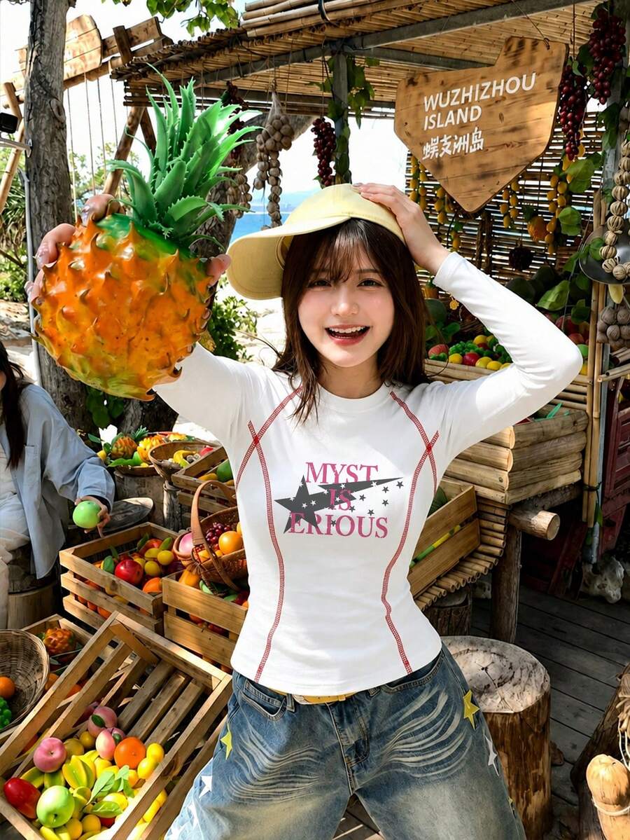 Star & Letter Print Y2K Square Shoulder Long Sleeve T-Shirt For Women, American Retro Slimming Unique Cropped Top - White - View 1