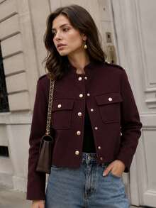 Jaket Wanita TRAFZA dengan Bahan Mirip Wol dan Kancing Logam, Atasan Kasual Elegan Warna Polos untuk Musim Gugur - Burgundy - View 2