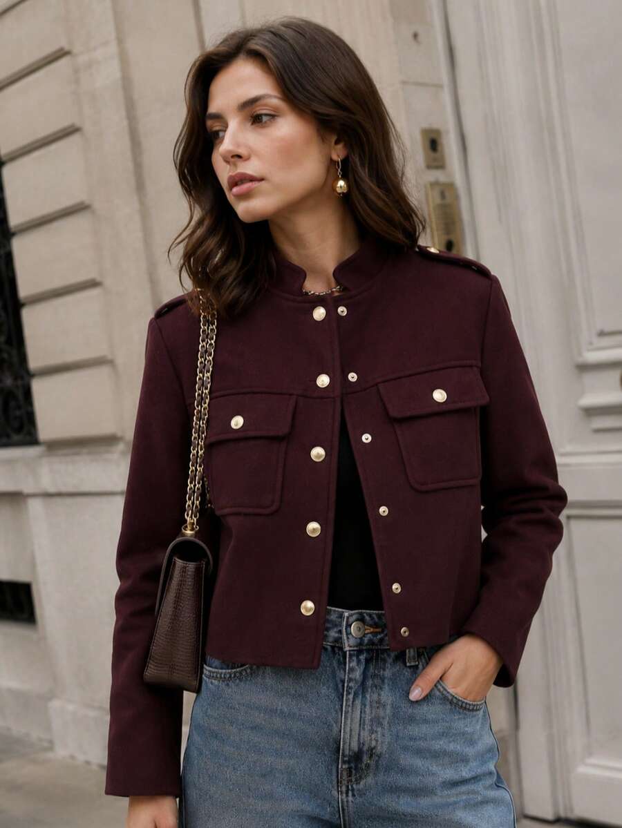 Jaket Wanita TRAFZA dengan Bahan Mirip Wol dan Kancing Logam, Atasan Kasual Elegan Warna Polos untuk Musim Gugur