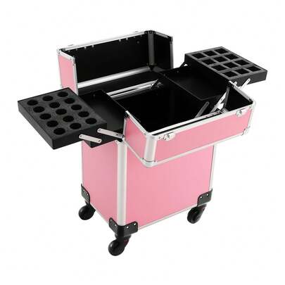 Pink Rolling Train Case, Aluminum Trolley Professional Cosmetic Organizer 24x34x47cm Telescoping Handle Removable Wheels Lockable