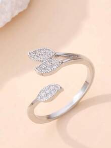 1pc Leaf-Shaped Cubic Zirconia Women's Ring, Silver Open Adjustable Ring, Daily Wear Wedding Ring, Saudi National Day Jewelry - Leaf Ring - View 5