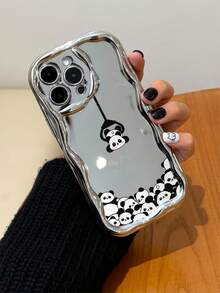 Electroplated Silver Glossy Wavy Frame Hanging Lanyard Cute Panda Phone Case, High Gloss Full Coverage Anti-Drop Protective Shell, Compatible With Apple 11/12/13/14/15/16/17/PRO/PROMAX/PLUS/AIR And Other Phone Models - Silver - View 5
