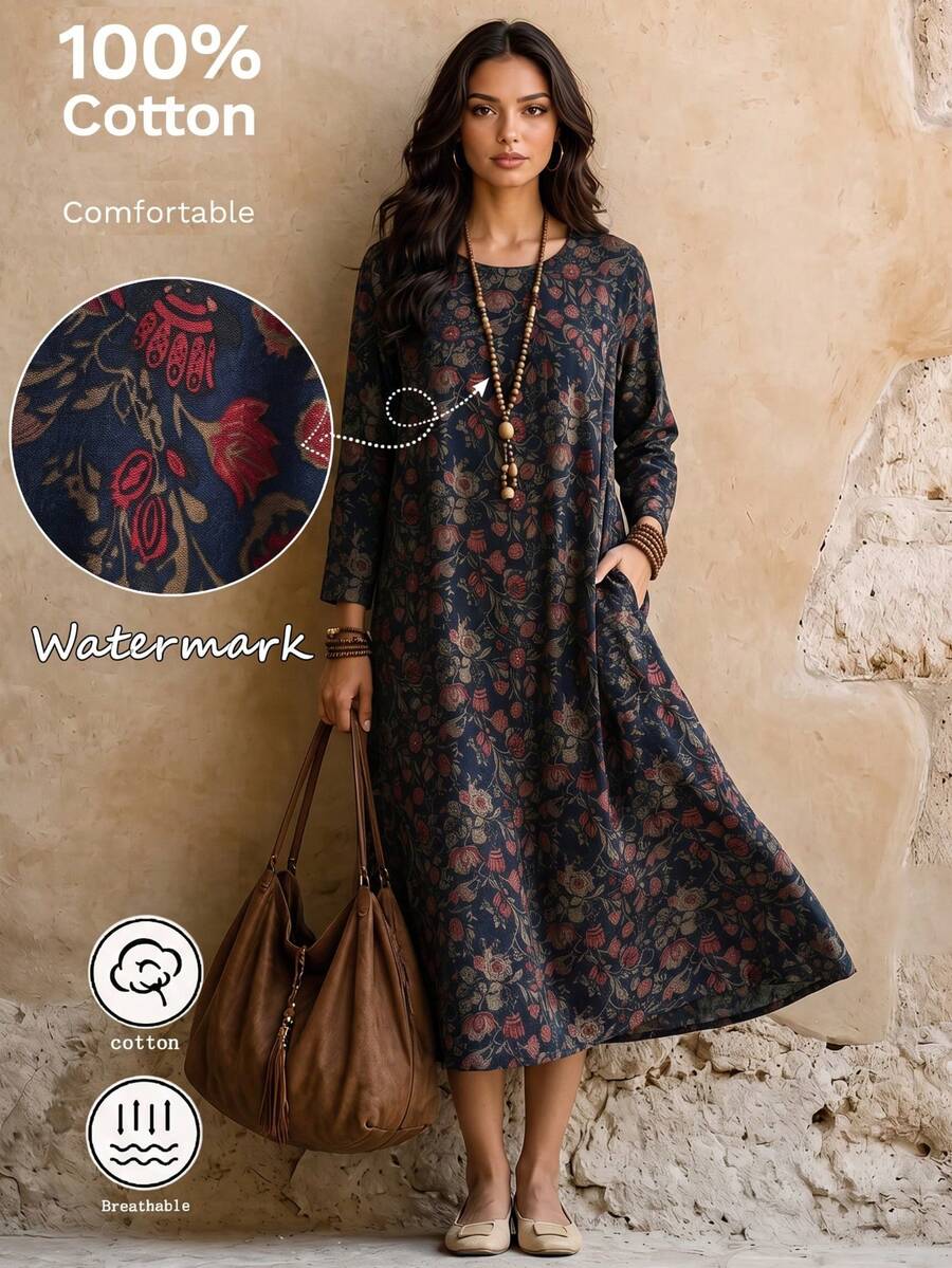 Autumn Printed Elegant Vintage Vacation Style Round Neck With Pockets ...