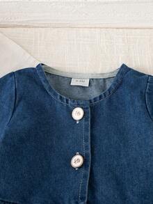 Autumn/Winter French Sweet Lace Denim Set & Baby Girl Doll-Style Denim Cardigan & Lace Patchwork Lantern Denim Pants & Versatile Casual 2-Piece Set - Blue - View 3