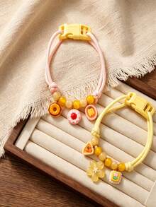 1PC Cute Kawaii Food Pendant Pet Collar, Adjustable 3-Layer Braided Rope Cat Dog Necklace With Colorful Beads And Safety Buckle, Dessert Donut Pizza Cheese Charm Collar For Cats Small Dogs Puppy Kitten - Yellow - View 9