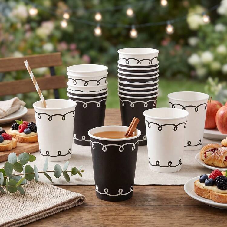 10/20/40pcs Modern Sweet Style Black & White Disposable 9oz Paper Cups, Elegant Swirl Rim Printed Party Drinking Cups, Dual-Color Disposable Beverage Cups, Suitable For Cocktail Parties, Afternoon Tea, Anniversary Celebrations, Wedding Receptions - Black - View 6