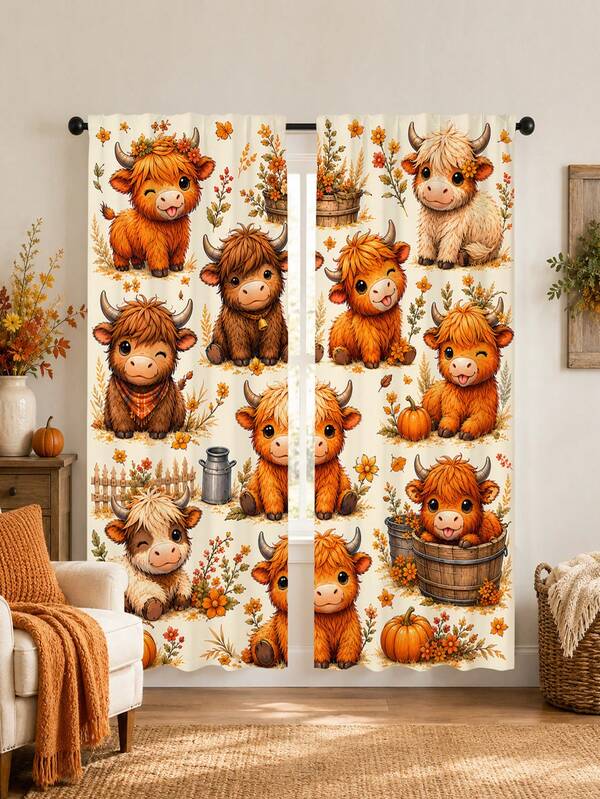 2Pcs Highland Cow Autumn Floral Curtains, Autumn Pumpkin Farm Animal Semi-Sheer Printed Rod Pocket Curtains, Suitable For Bedroom Living Room Home Decor, Machine Washable