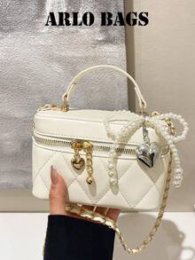 Handbag With Diamond Quilted Smooth Fabric, Pearl Chain Heart-Shaped Pendant Decor, Exquisite Sweet & Cool Vibe, Suitable For Daily Shopping, Dating, Gathering, Travel, Fashion Outfit, Small Square Box Handbag - Beige - View 1