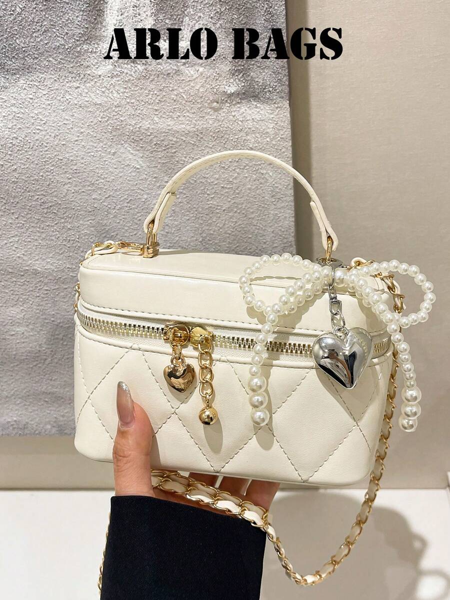 Handbag With Diamond Quilted Smooth Fabric, Pearl Chain Heart-Shaped Pendant Decor, Exquisite Sweet & Cool Vibe, Suitable For Daily Shopping, Dating, Gathering, Travel, Fashion Outfit, Small Square Box Handbag - Beige - View 1