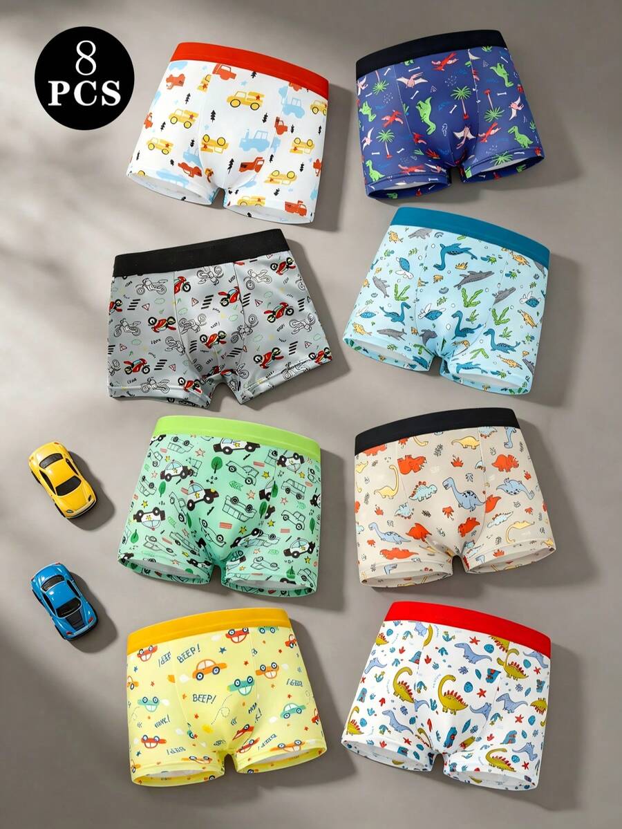 8pcs Boys Boxer Briefs, Traffic Car Dinosaur Pattern, Elastic Soft Boys Underwear - Multicolor - View 1