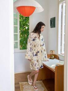 Women's Vacation Style Colorblock Universe Star & Moon Print Robe - Apricot - View 6