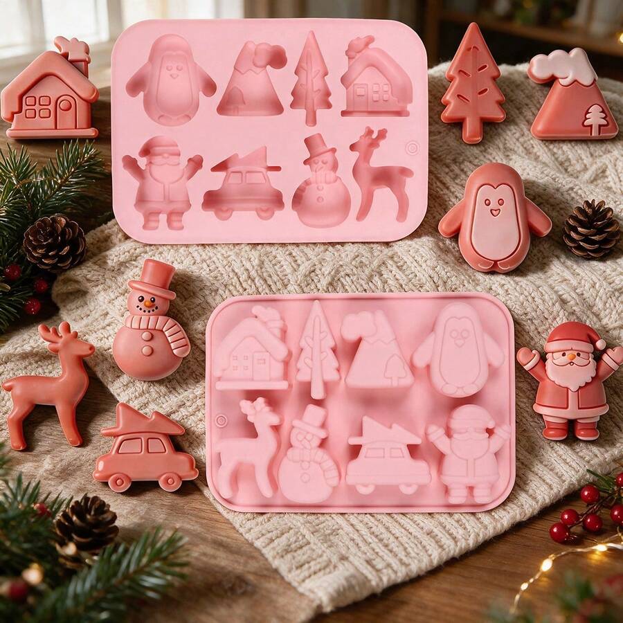 1pc 8-Cavity Silicone Christmas Baking Mold - Santa, Snowman, Tree & Reindeer Designs For Chocolate, Candy, Jelly & Pudding - Perfect For DIY Holiday Treats, Cake Mold - Multicolor - View 1