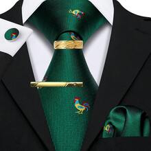 5Pcs Men Green Rooster Pattern Tie Pocket Square Cufflinks Ring Tie Clip Set, Random Cufflink Pattern, Accessories For Wedding - Green - View 2