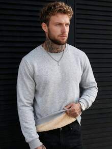 Sudadera básica con cuello redondo de unicolor para hombre, con forro térmico, cálida para otoño/invierno - Gris - Ver 1