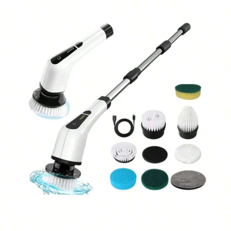 Esfregão de Limpeza Elétrico com Cabeças Giratórias Ajustáveis - Escova Elétrica Recarregável Multiuso Bivolt com Cabo Extensor Sem Fio para Banheiro Cozinha Piso Azulejo Vidro 12em1/9em/1/5em1 - A - Visão 1