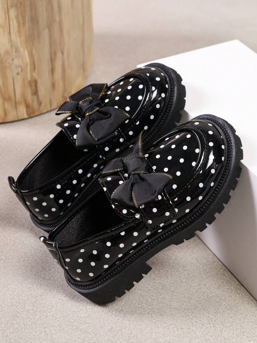 1 Pair Kids Polka Dot Bow Thick Sole Slip-On Shoes, Fashionable Retro Loafers, Suitable For Daily Wear And Party Occasions