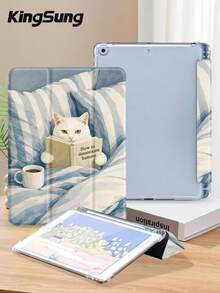 Kingsung 藍色條紋貓咪圖案平板保護殼，相容 iPad Air 8 (Model M4)、2026 11 吋/13 吋、9.7/10.2/10.5/10.9/12.9 吋、Pro 11 吋、第 10 代、Galaxy Tab S6 Lite 10.4 吋、Kindle Paperwhite 2024 第 12 代、Kindle 2022 第 11 代，具防震、智能支架、自動喚醒/睡眠功能 - 彩色 - 查看 3