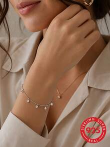 1pc S925 Sterling Silver Delicate Minimalist Luxury Gentle Rhinestone Pendant Bracelet For Women, Personalized Fashion Elegant Elegant Cool Aesthetic Ins Artistic Style Niche Jewelry, Daily Commute Date Outfit Romantic Atmosphere Sparkling Exquisite Wrist Accessory, Gift For Girlfriend Best Friend Holiday - Diamond - View 2