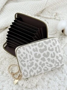 Fashionable Leopard Print Women's Short Wallet, With A Chain Keychain Zipper, Multifunctional Credit Card Holder, Multi Slot Credit Card Storage Bag - Grey - View 6
