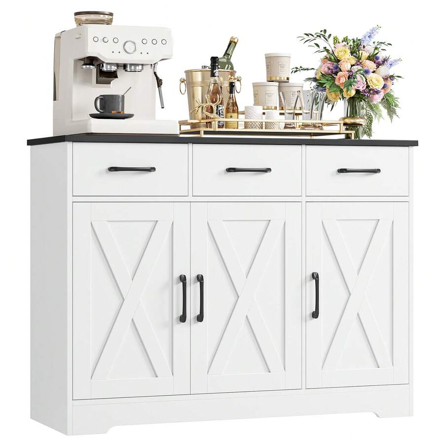 Sideboard, Kitchen Cabinet With 3 Drawers And 3 Doors, Wooden Storage Cupboard Cabinet - White - View 1