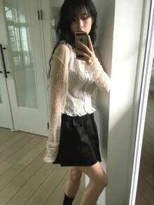 Korean Solid Color Textured 3D Pleated Bubble Lace Sun Protection Short Cardigan Top Casual - Apricot - View 4