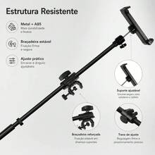 Suporte giratório 55cm para microfone com grampo universal plano, cabeça giratória e grampo para celular/tablet, projetado 3/8 rosca barra transversal - Preto - Visão 4