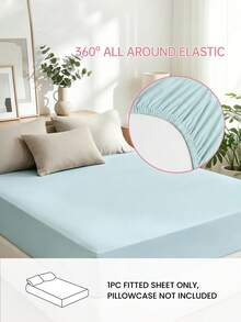 HONEYMOON 1pc Solid Color Soft Fitted Sheet 100% Polyester Fabric Lightweight Cloud-Like Touch Bedding Mattress Cover, Suitable For 9-12 Inch Deep Mattress, Soft Breathable Machine Washable, Shrink-Resistant, Fade-Resistant, All-Season Use, Different Sizes Suitable For Home And Dorm, Back To School Dorm Essential, Ice Blue - Ice Blue - View 2
