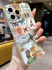 Travel Elements Shockproof Map & Airplane Printed Lightweight Shockproof Phone Case Compatible With IPhone - Black - View 2