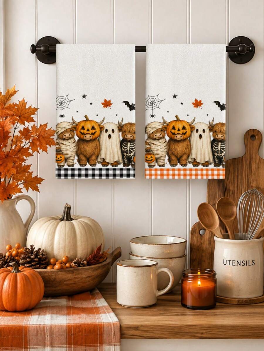 2pcs/4pcs Halloween Kitchen Towels, Highland Cow Mummy Ghost Skeleton Pumpkin Bat Spider Web Print, Plaid Trim Home Decor Hand Towels - Multicolor - View 1
