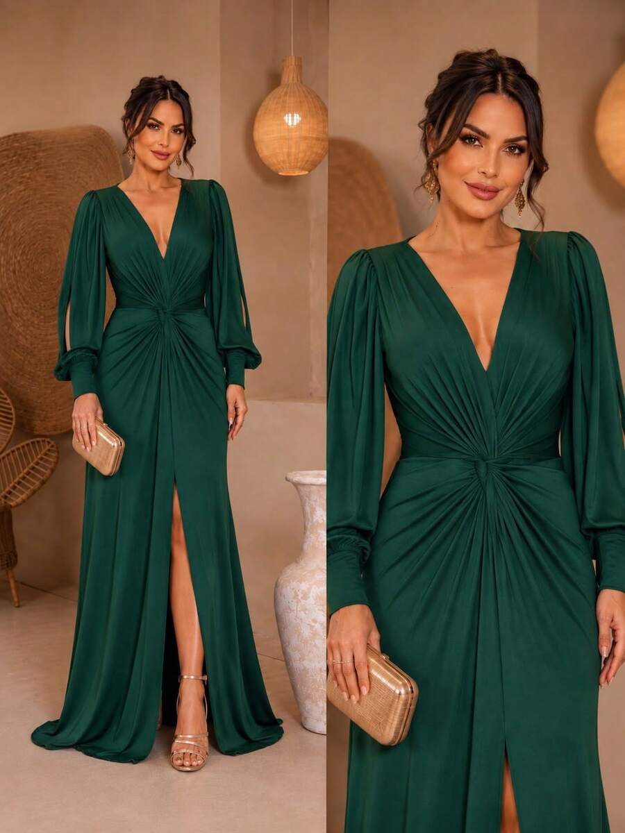 Bridesmaid Dress For Parties, Guests, Receptions, Graduations, Without Glitter, Long Sleeves, Sheer Fabric, And A Slit. - 翠綠色 - 查看 1